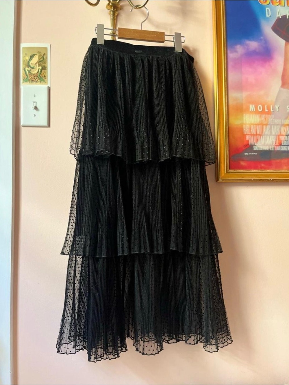 Zara black tiered polka dot skirt